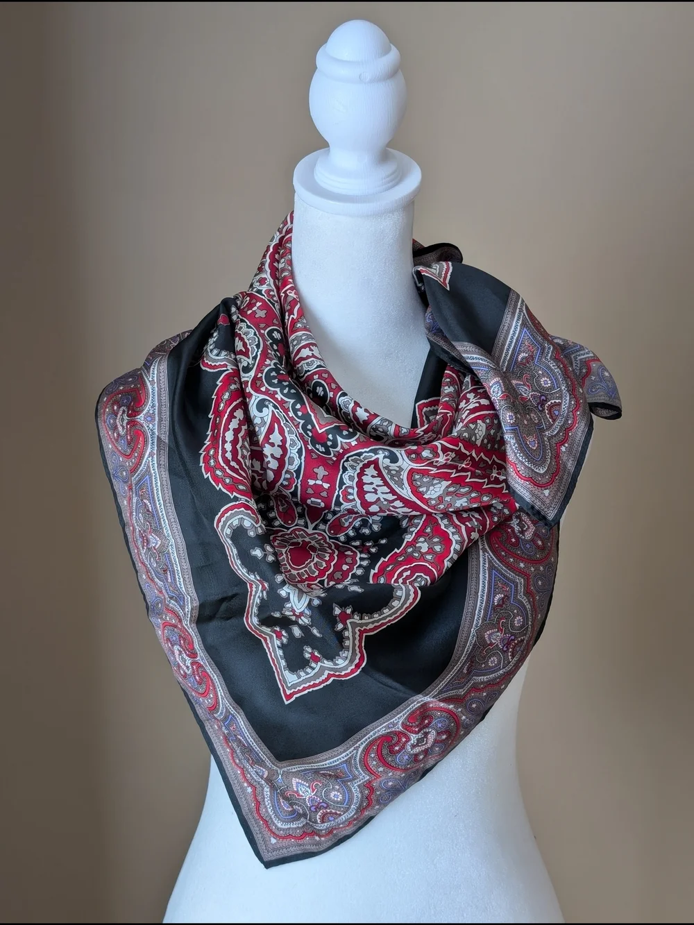 Van Horn Silk Scarf 31x30 Black Red Beige Floral